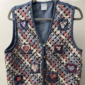Vtg Cascade Blues 100% Cotton Lattice w Hearts Red White & Blue Denim Vest SZ Lg